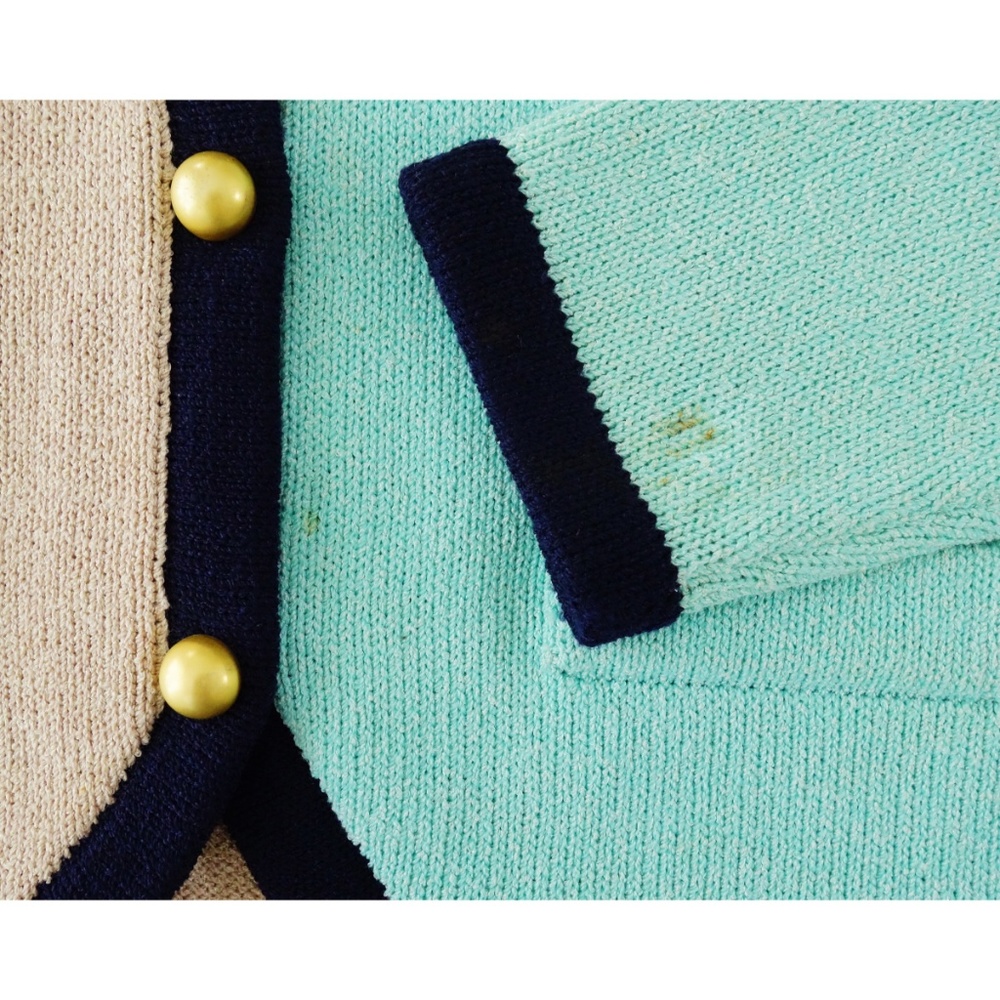 Vintage Tan Pistachio Navy Blue Cardigan sz 8 - Picture 4 of 6
